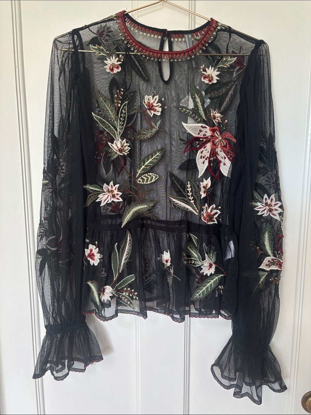 Anthropologie Black Sheer Embroidered Floral Peplum Blouse